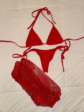 Berry Beachy Red Triangle Bikini Set with Crochet skirt cover up